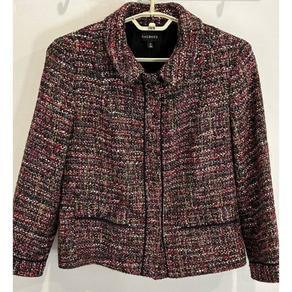 Talbots Tweed Blazer Jacket Purple Prink Green Gold Buttons Size 10